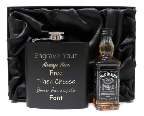 Personalised Black Hip Flask & Miniature in Silk Gift Box