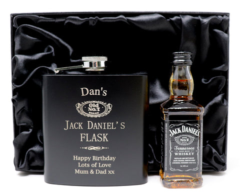 Personalised Black Hip Flask & Miniature in Silk Gift Box - Jack Daniels Design