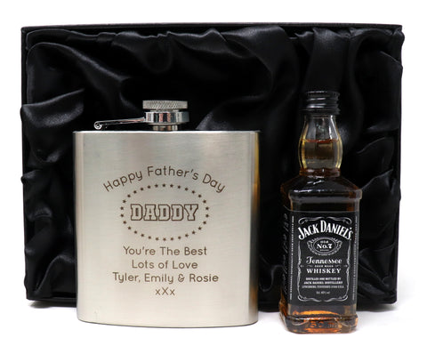 Personalised Silver Hip Flask & Miniature Alcohol - Father's Day Design