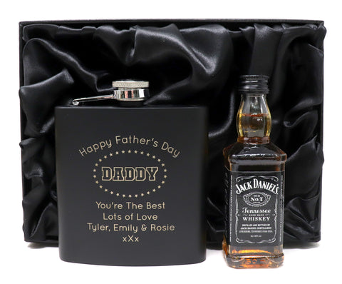 Personalised Black Hip Flask & Miniature in Silk Gift Box - Father's Day Design