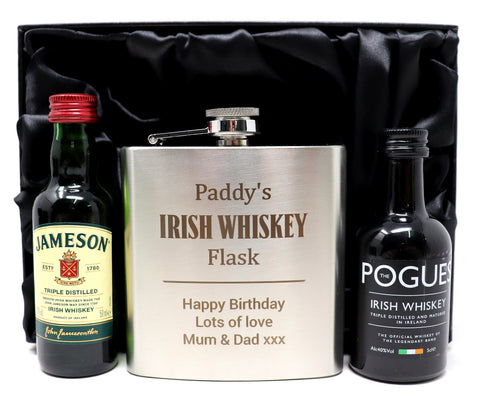 Personalised Silver Hip Flask & Miniature in Silk Gift Box - Irish Whiskey Design