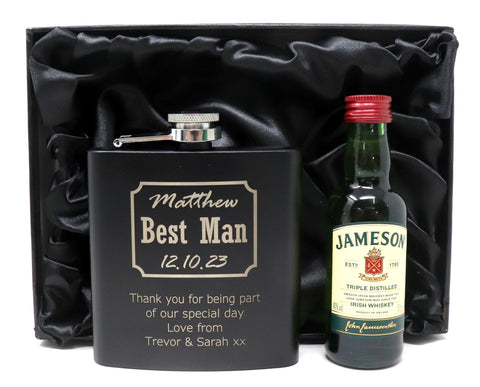 Personalised Best Man Wedding Black Hip Flask & Miniature Alcohol in Gift Box