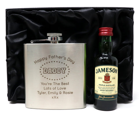 Personalised Silver Hip Flask & Miniature Alcohol - Father's Day Design