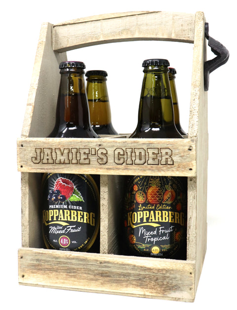 Personalised Wooden Bottle Carrier & 4 Bottles of Cider