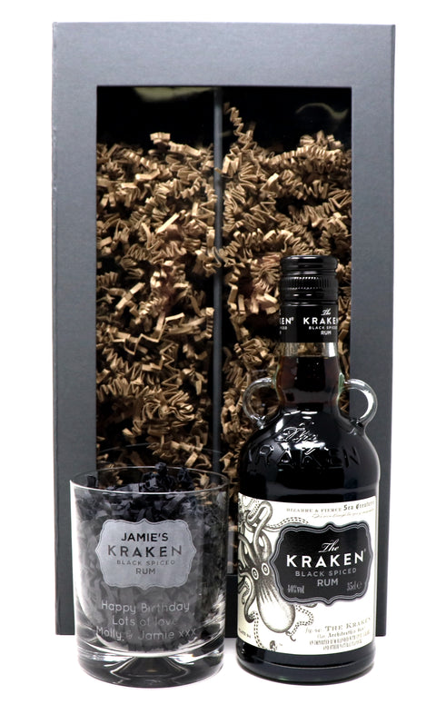Personalised Glass Tumbler & 35cl Rum - Kraken Label Design