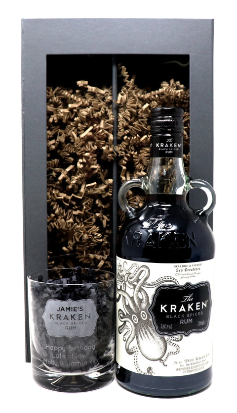 Personalised Glass Tumbler & 70cl Kraken Black Spiced Rum - Label Design