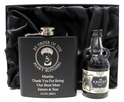 Personalised Black Hip Flask & Miniature in Gift Box - Peaky Blinders Design