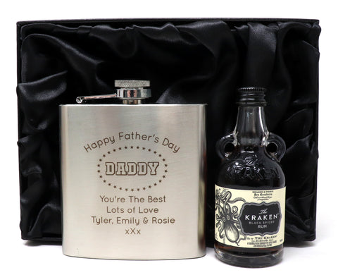 Personalised Silver Hip Flask & Miniature in Silk Gift Box - Father's Day Design