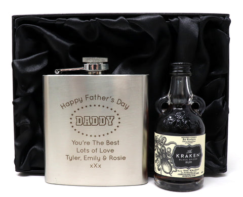 Personalised Silver Hip Flask & Miniature Alcohol - Father's Day Design