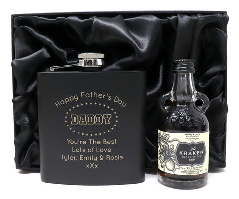 Personalised Black Hip Flask & Miniature - Father's Day Design