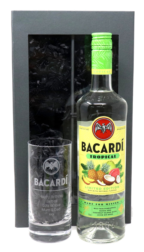 Personalised Highball Glass & 75cl Bacardi Tropical Rum - Label Design