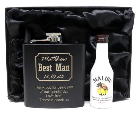 Personalised Best Man Wedding Black Hip Flask & Miniature Alcohol in Gift Box