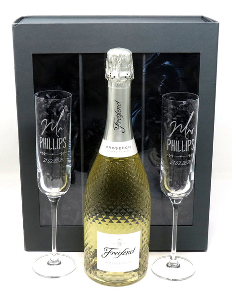 Personalised Pair of Fusion Flutes & 75cl Prosecco in Gift Box - Wedding/Anniversary Design