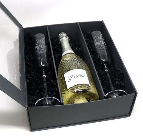 Personalised Pair of Fusion Flutes & 75cl Prosecco in Gift Box - Wedding/Anniversary Design