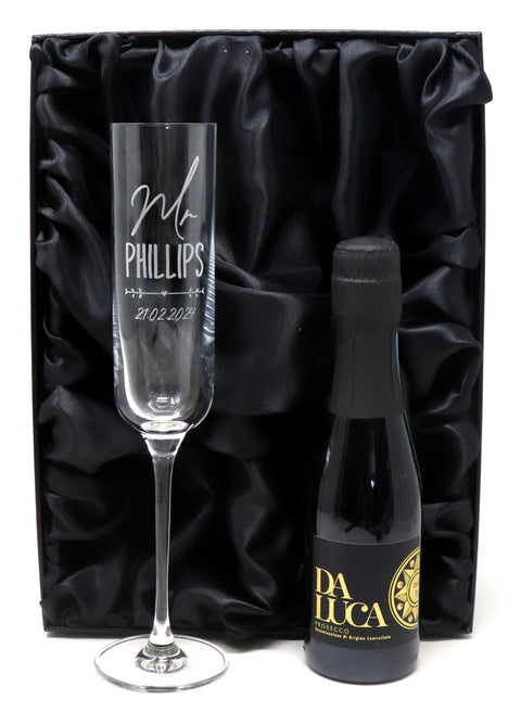 Personalised Fusion Flute & 20cl Prosecco in Silk Gift Box - Mr/Mrs Wedding/Anniversary Design