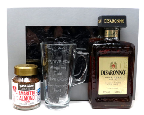 Personalised Coffee Glass with Amaretto Coffee & 50cl Disaronno in Gift Box