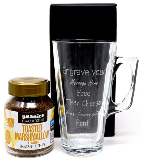 Personalised Coffee Glass with a Jar of Beanies Instant Coffee