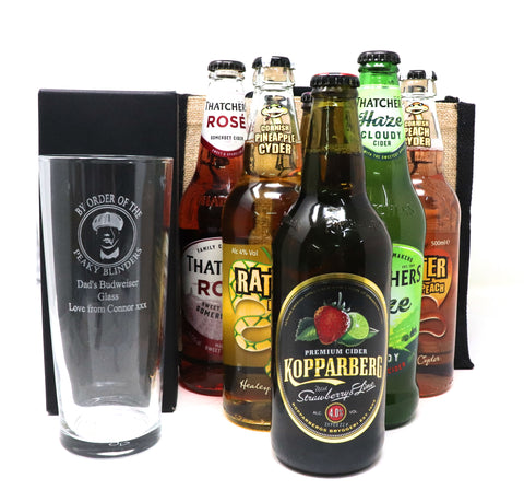 Personalised Pint Glass & 6 Bottles of Cider Gift Set - Peaky Blinders Design