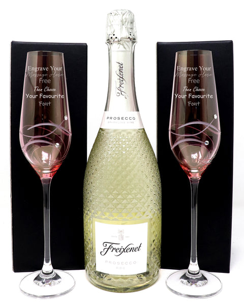 Pair of Personalised Pink Diamante Flutes & Freixenet Prosecco