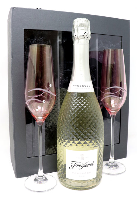 Pair of Personalised Pink Diamante Flutes & Freixenet Prosecco