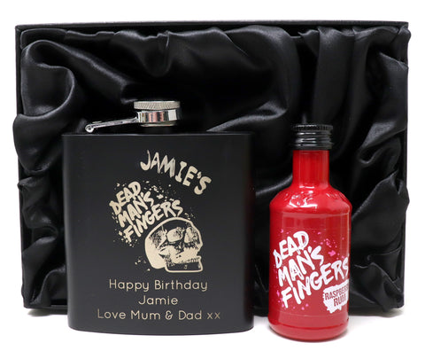 Personalised Black Hip Flask & Miniature in Silk Gift Box - Dead Man's Fingers Rum Design
