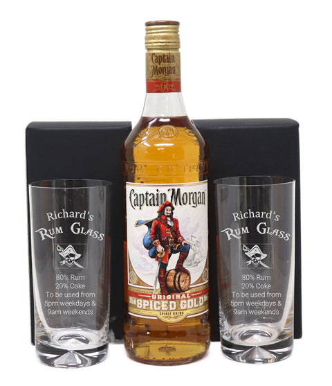 Personalised Pair of Highball Glasses & 70cl Captain Morgan Spiced - Rum % Design