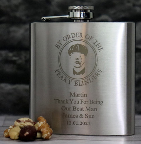Personalised Silver Hip Flask in Gift Box - Peaky Blinders Design