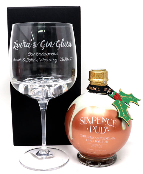 Personalised Gin Balloon Cocktail Glass & 50cl Sixpence Pud Christmas Pudding Gin Liqueur - Gin Design