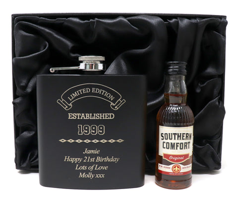 Personalised Black Hip Flask & Miniature in Silk Gift Box - Established Birthday Design