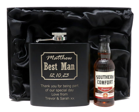 Personalised Best Man Wedding Black Hip Flask & Miniature Alcohol in Gift Box
