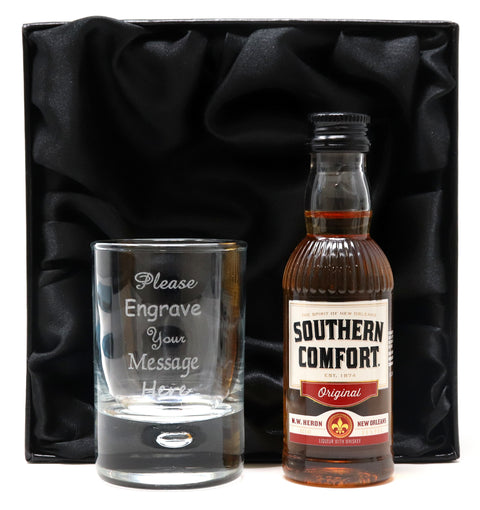 Personalised Shot Glass & Southern Comfort Miniature In Silk Gift Box