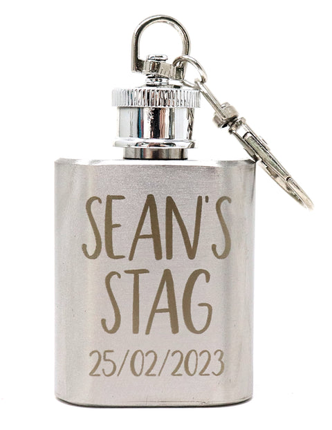 Personalised Silver 1oz Hip Flask Key Chain - Stag Do Design