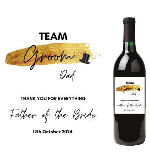 Personalised Prosecco/Wine Bottle Label - Team Groom, Father of the Bride Design