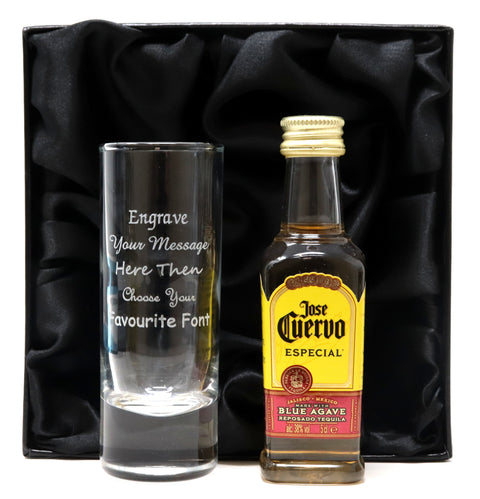 Personalised Tall Shot Glass & Tequila Miniature In Silk Gift Box
