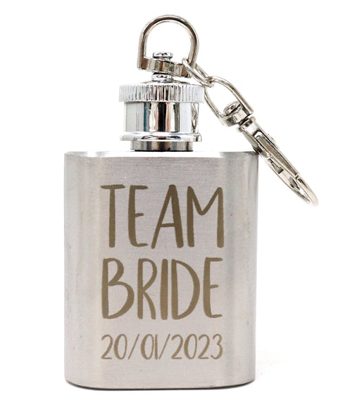 Personalised Silver 1oz Hip Flask Key Chain - Hen Do Team Bride Design
