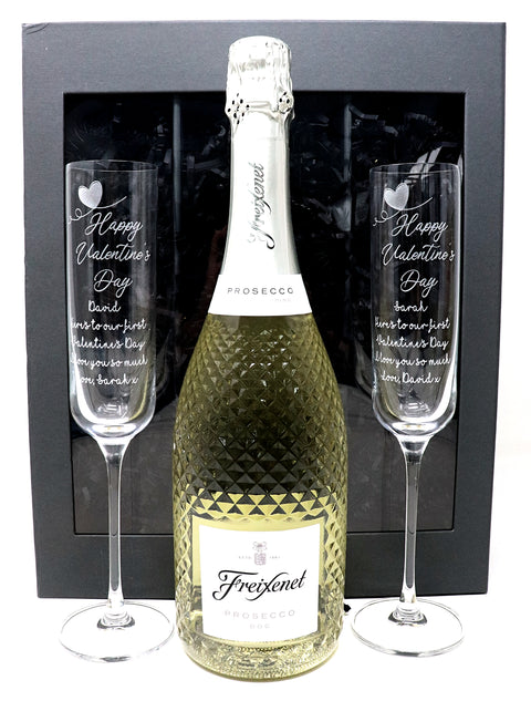 Personalised Pair of Fusion Flutes & 75cl Freixenet Prosecco - Valentines Design
