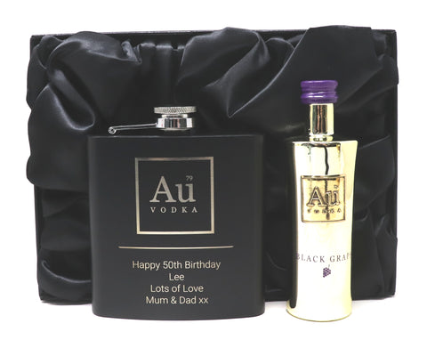 Personalised Black Hip Flask & Miniature in Gift Box - Au Vodka Design