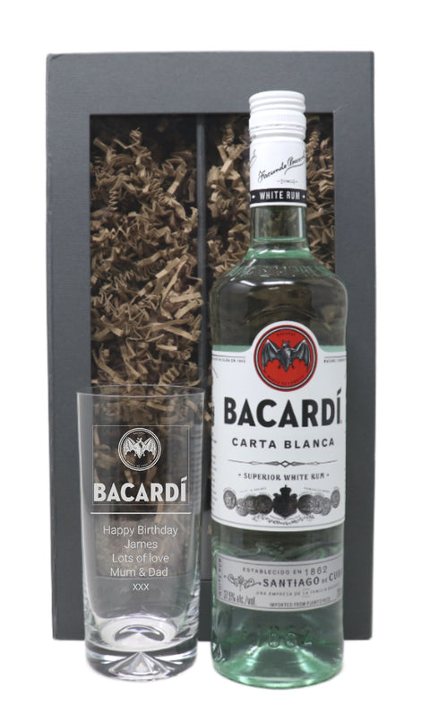 Personalised Highball Glass & 70cl Bacardi - Label Design