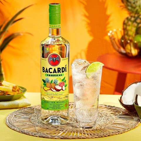 Personalised Highball Glass & 75cl Bacardi Tropical Rum - Label Design