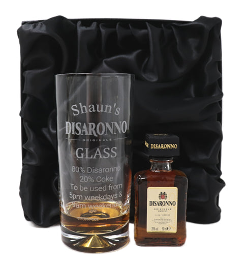 Personalised Engraved Highball Glass & Miniature Alcohol Gift Set  - Disaronno % Design