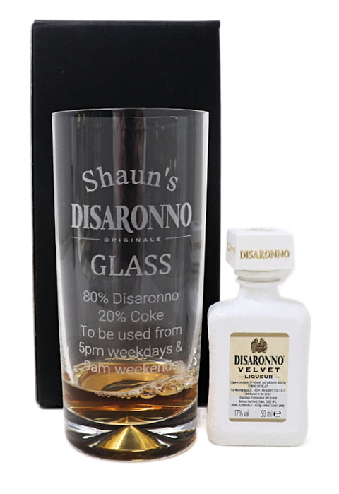 Personalised Engraved Highball Glass & Miniature Alcohol Gift Set  - Disaronno % Design