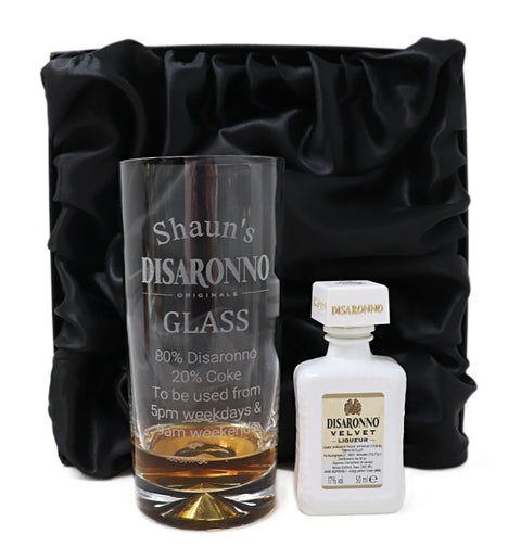 Personalised Engraved Highball Glass & Miniature Alcohol Gift Set  - Disaronno % Design