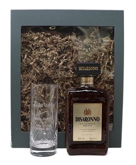 Personalised Crystal Highball Glass & 50cl Amaretto - Disaronno Design