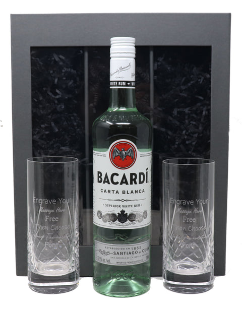 Personalised Pair of Crystal Highball Glasses & 70cl Bacardi