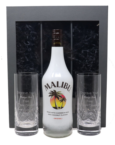 Personalised Pair of Crystal Highball Glasses & 70cl Malibu