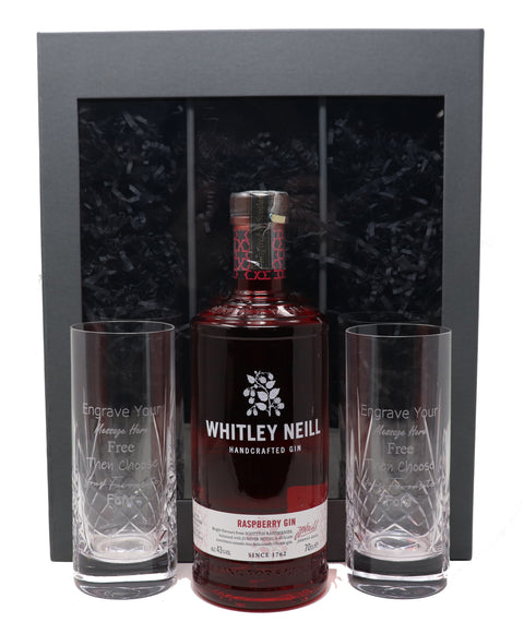 Personalised Pair of Crystal Highballs & 70cl Whitley Neill Raspberry Gin