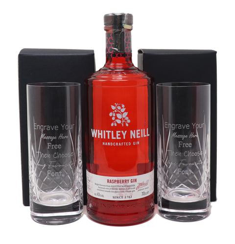 Personalised Pair of Crystal Highballs & 70cl Whitley Neill Raspberry Gin