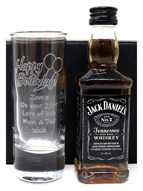 Personalised Tall Shot Glass & Miniature Alcohol - Birthday Design
