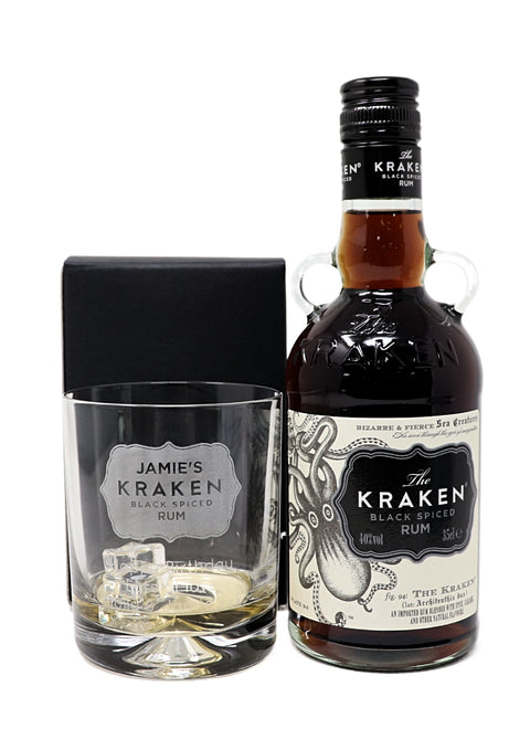 Personalised Glass Tumbler & 35cl Rum - Kraken Label Design