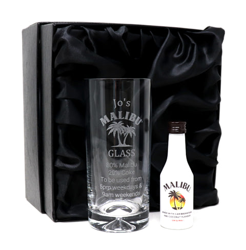 Personalised Engraved Highball Glass & Miniature Alcohol Gift Set - Malibu % Design